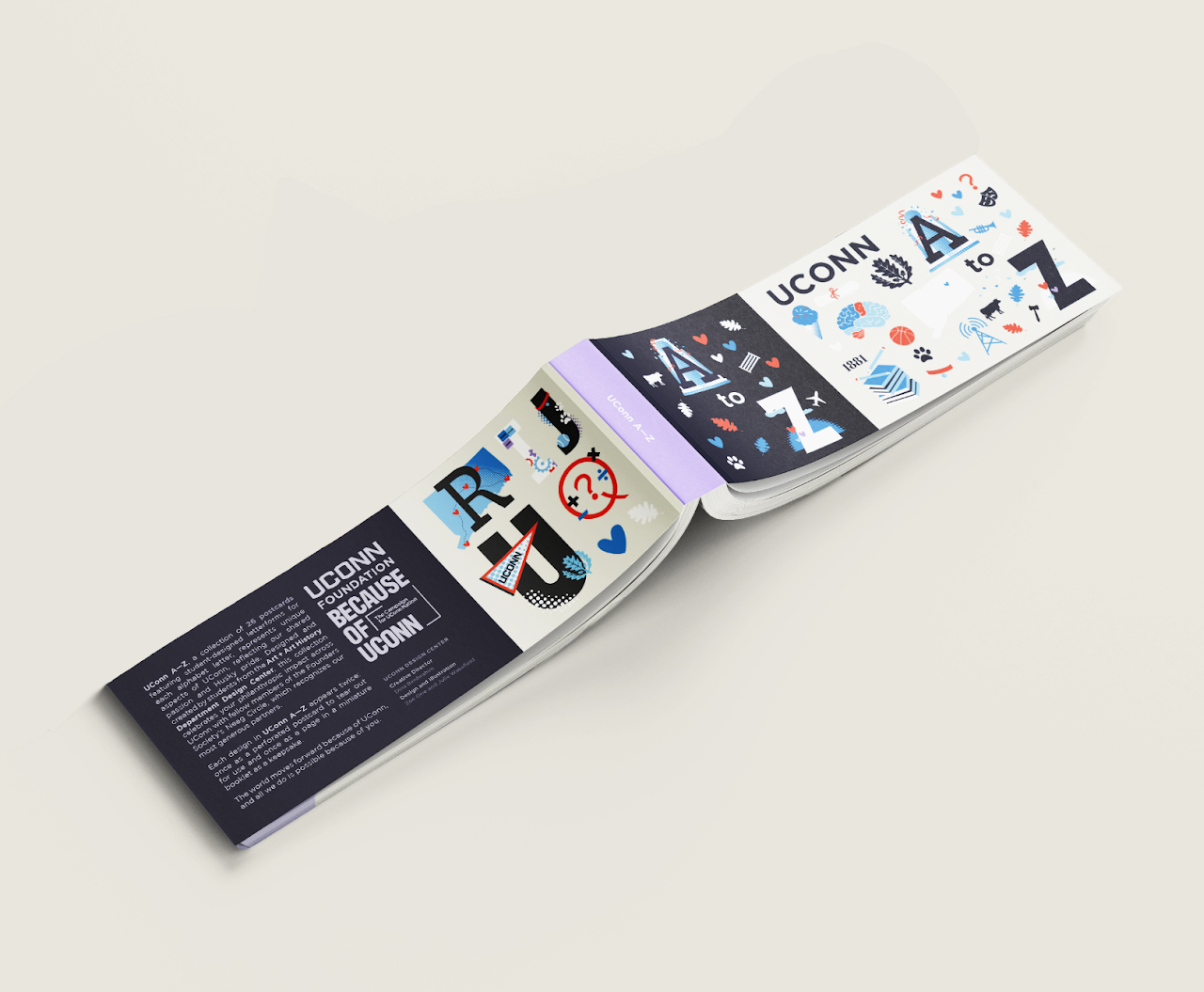 Mockup of the font and back covers of the postcard book. Showcases select letters on the front and information about the UConn Foundation on the back.